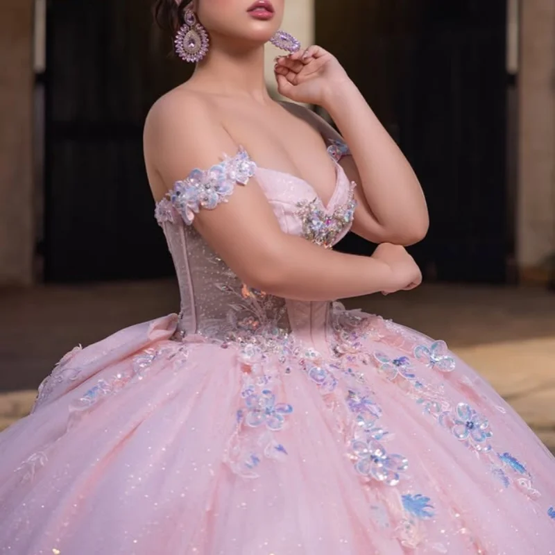 

Customized Shiny Pink Quinceanera Dresses Off the Shoulder decal crystal Long tail Vestido 15 Quinceanera
