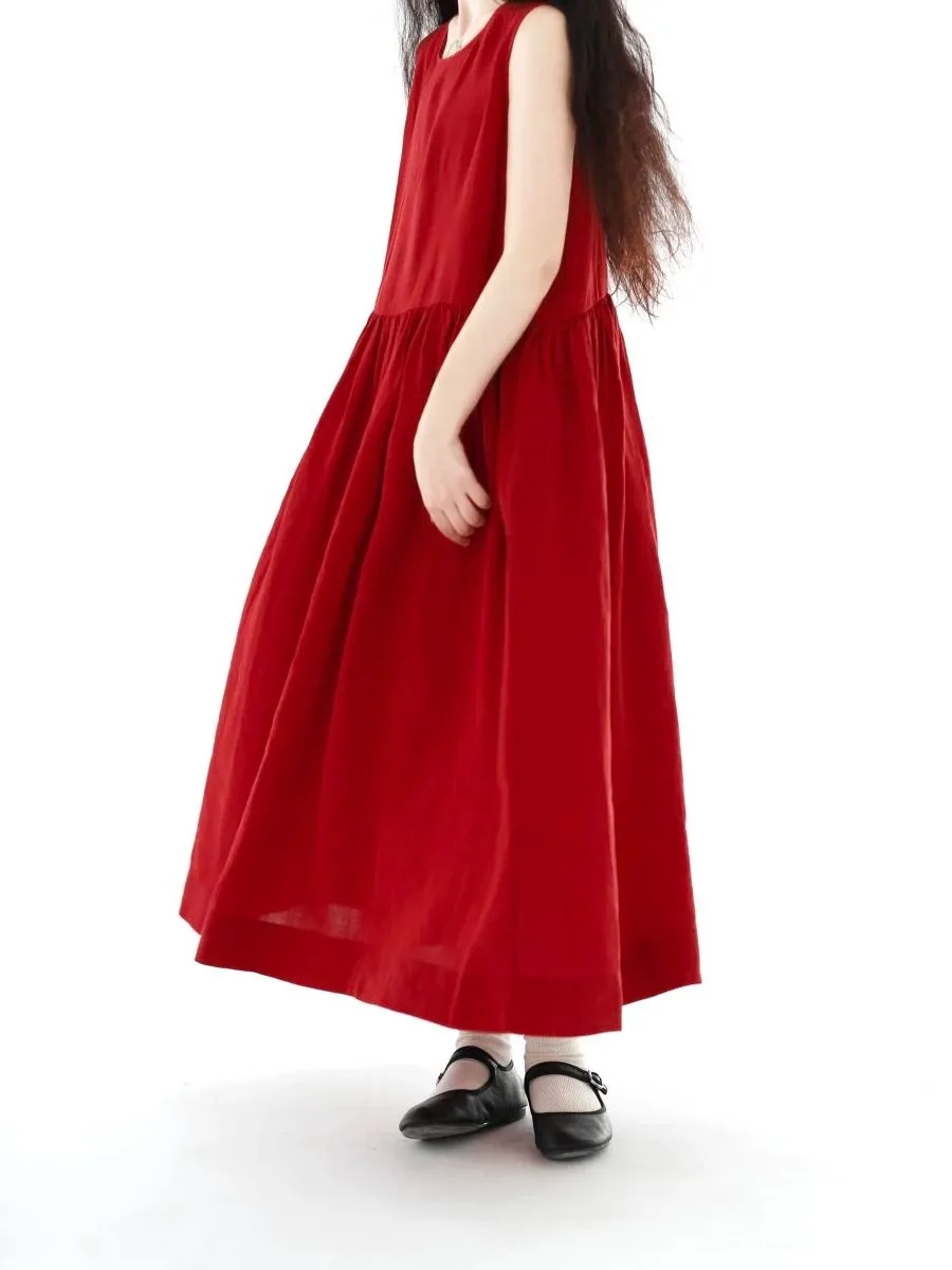 Solid 100% Cotton Red A Line Sleeveless Vest Long Dress Women Summer Elegant Casual Loose Vacation Seaside Sundress X1352