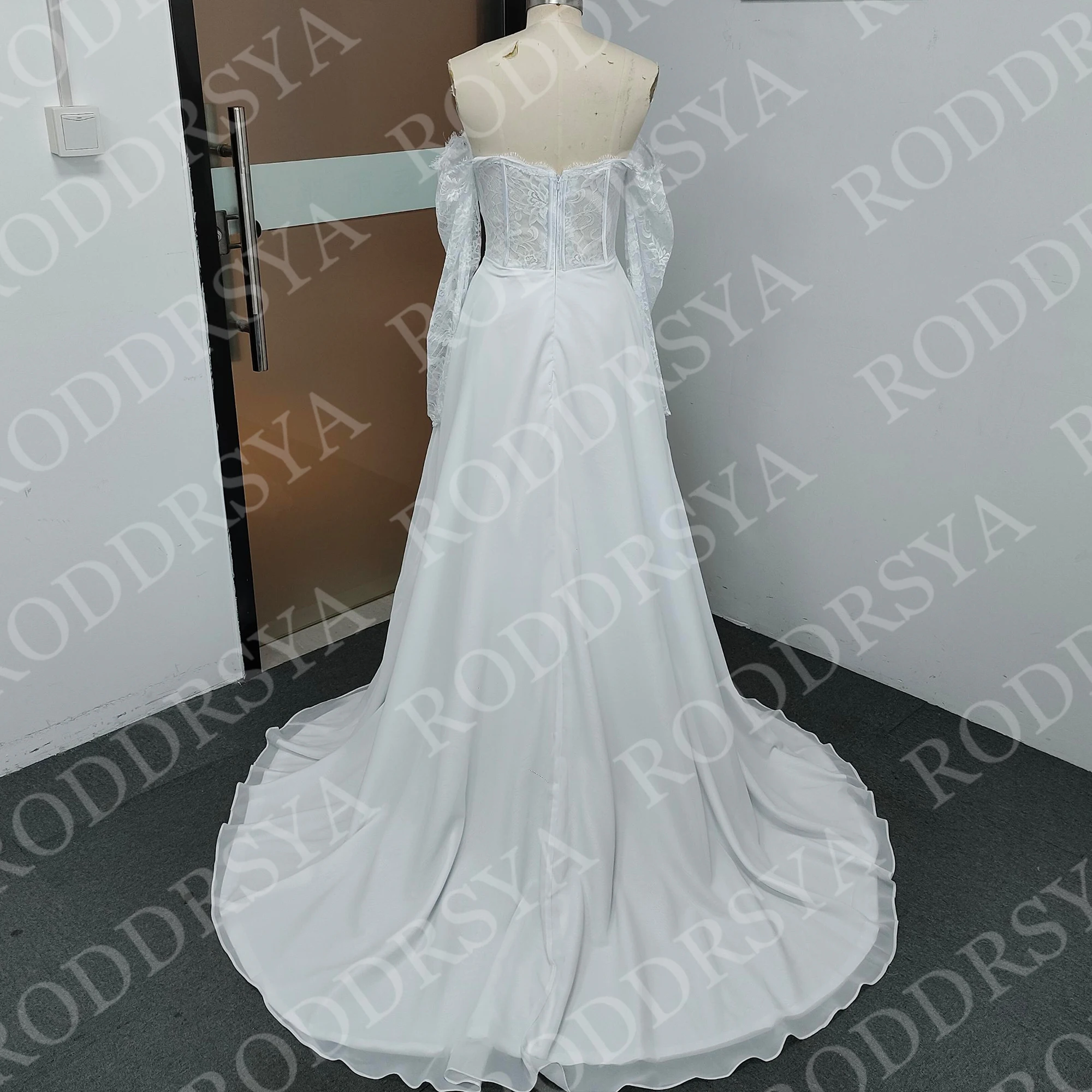 RODDRSYA Elegant Wedding Dresses Boho Woman Off Shoulder Lace Long Sleeves Split Bridal Dress Chiffon Customized Robe De Mariée