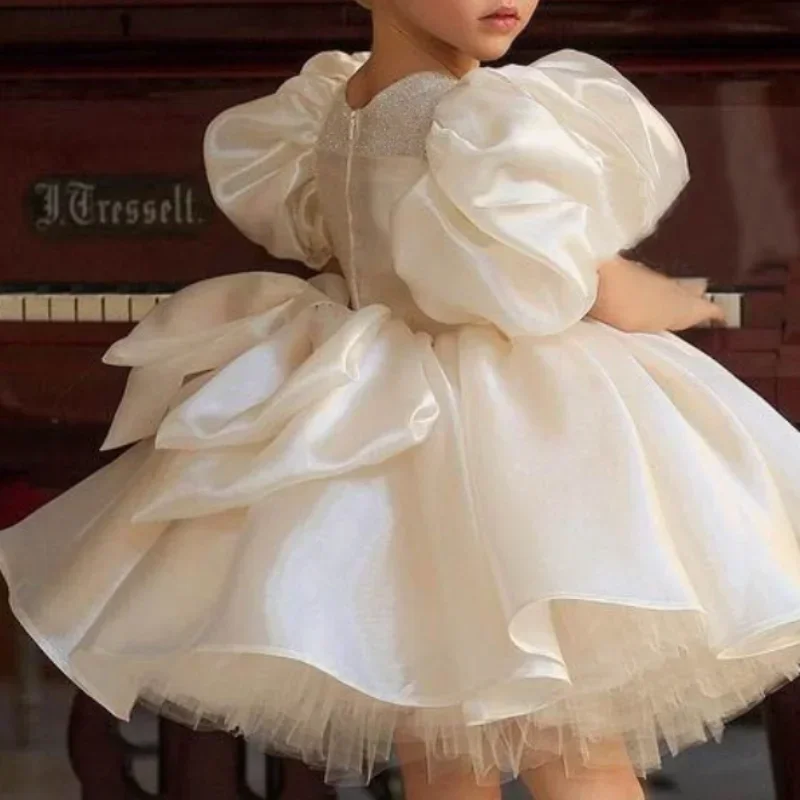 Customized Luxury Shinny Temperament Junior Bridesmaid Dresses O-Neck Puff Sleeve Flower Girl Dress Ball Gown Princess Girls Bir