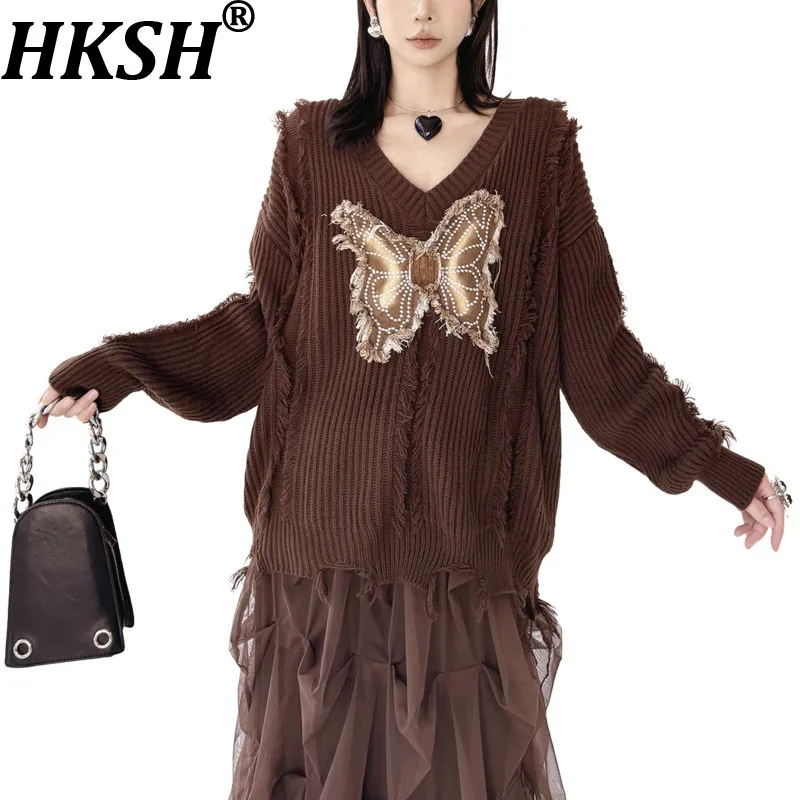 

HKSH Women Sweater V-neck Pullover Long Sleeves Butterfly Patch Distressed Retro Streetwear Trend New Spring Autumn 2026 HK19128