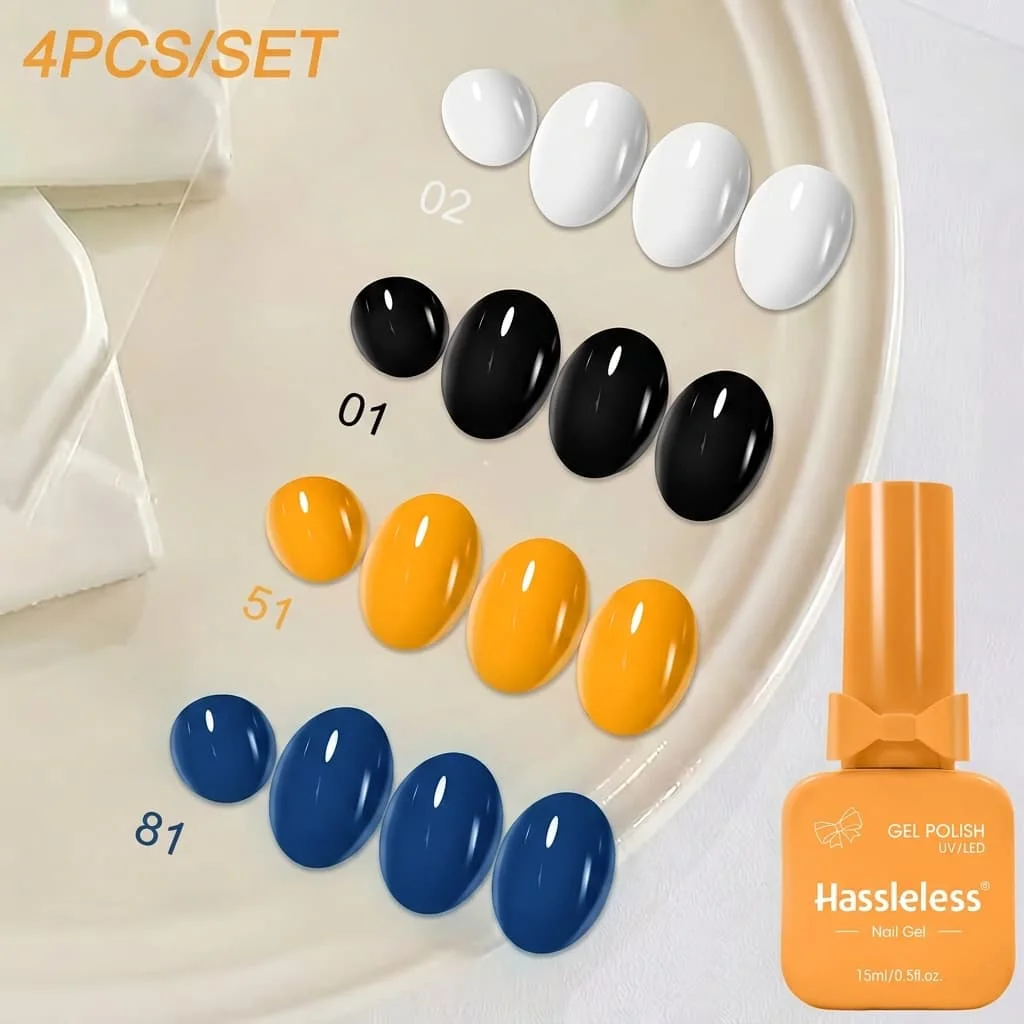 Hassleless 4-Piece Set of Nail Polish Gel 15ml Large Capacity Black, White, Orange, Navy Solid Color Nail Polish Gel High Saturation Long-Lasting Nail Polish Salon Home DIY Nail Art Set
