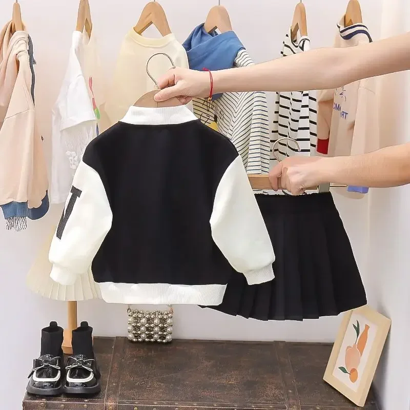 2023 Autumn Baby Girls Clothes Sets Infant Sports Baseball Jackets Uniform Kids Letter Cardigan Top and Pleated Skirt Suits