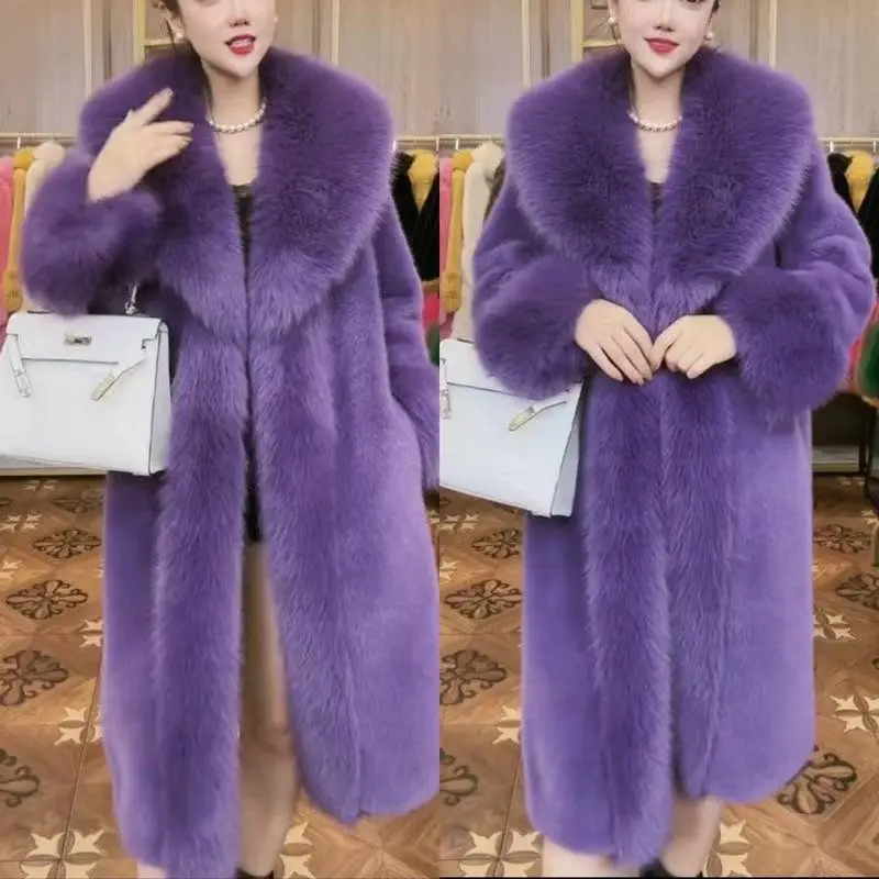 2023 Winter Fur Coat Women Thickened Artificial Fox Fur Mid Length Mink All Match Big Fur Collar Long Sleeved  Female Outwear