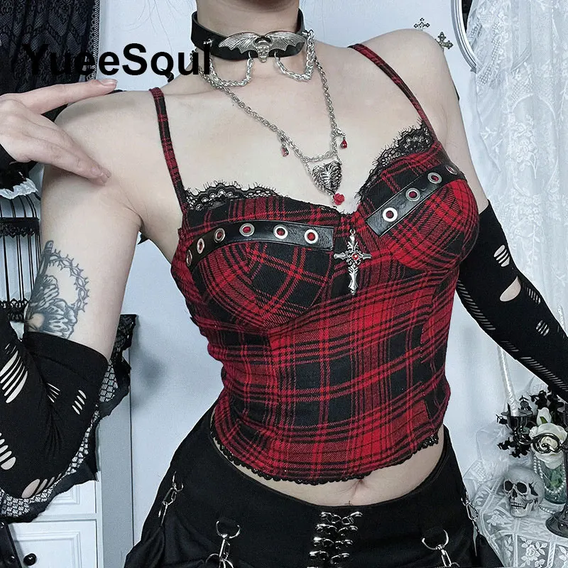 Gothic Lace Mesh Crop Tops Black Sexy Spaghetti Strap Corset Tops Goth Punk Grunge Fairy Core Halloween Y2K Aesthetic Clothes