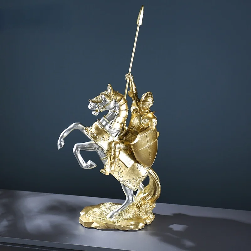 Antique Medieval War Horse Knight Statue Crafts Resin Golden Armor Sculpture Gift Countertop Home Decoration