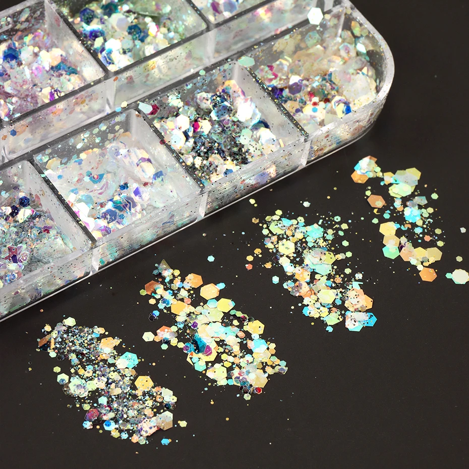 12 Grids Shimmery Mermaid Hexagon Nail Art Glitter Sequins Holographic Mirror Nail Powder Flakes Nail Charms Decoration Manicure