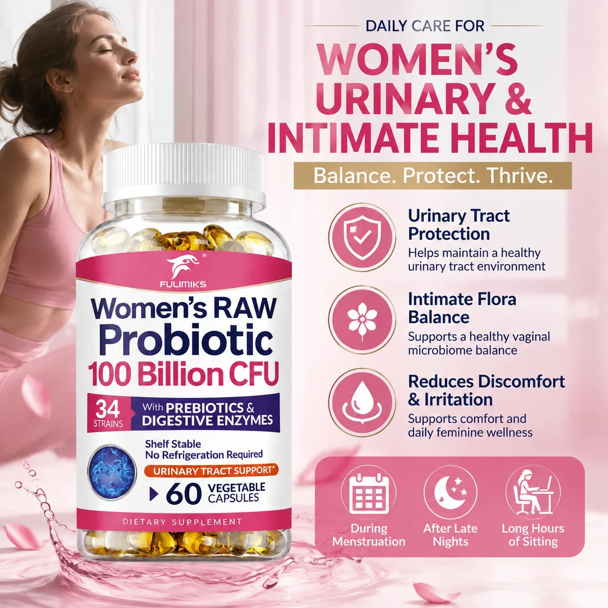 FULIMIKS Women's Raw Probiotic Supplement, with Prebiotics & Digestive Enzymes, Support Immune & Urinary, Bloating, Indigestion