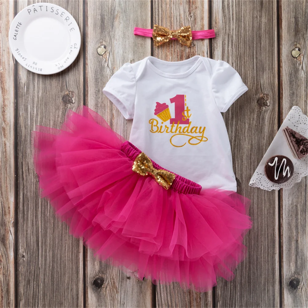 Baby Girl First 1st Birthday Party Dress Cute Christening Outfits One Year Baby Girl Bodysuit and Tutu Dress Newborn Set