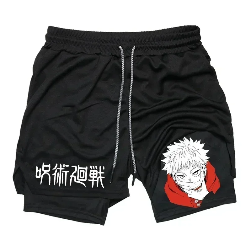 Shorts de compressão esportiva de secagem rápida masculino, jiu-jitsu kaisen, gráfico anime, desempenho atlético, 2 em 1