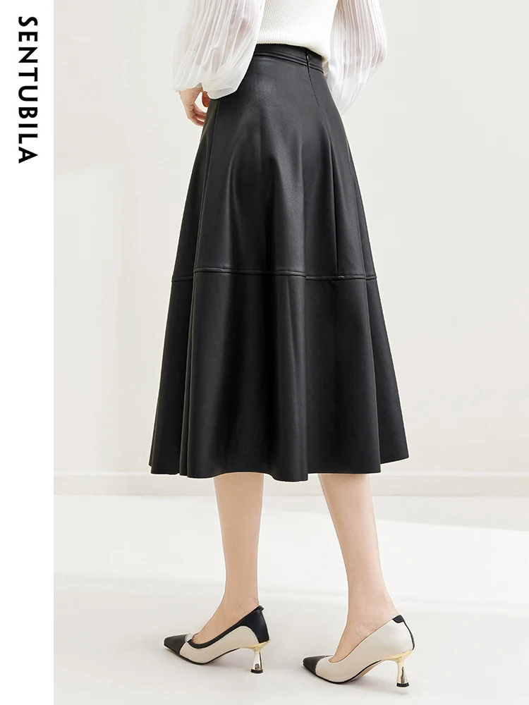 SENTUBILA Elegant Faux Pu Leather Skirt Women 2024 Spring High Waist A Line Flared Midi Skirt Office Ladies Clothing 133Q50806