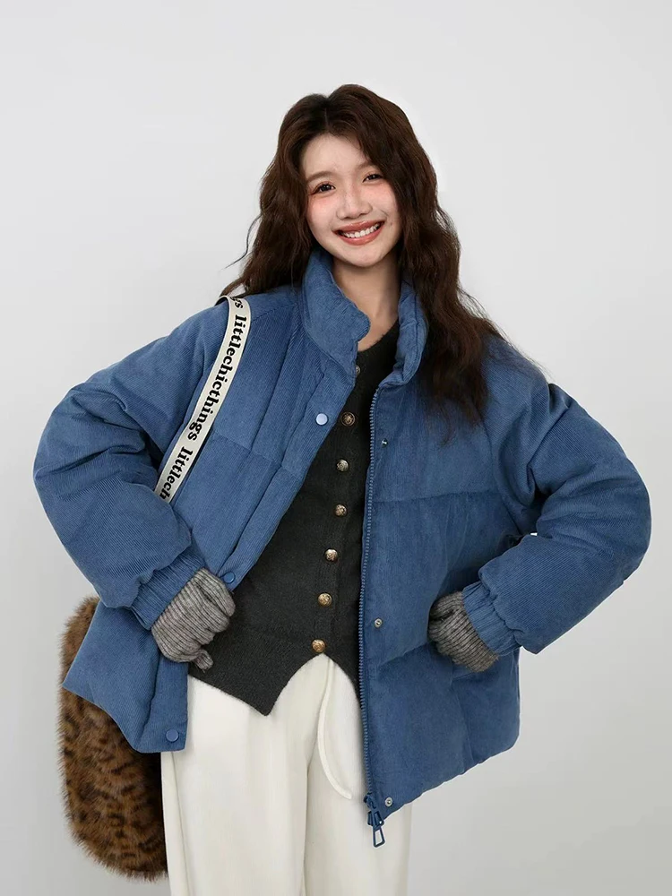 

Винтажные вельветовые парки женские корейские свободные теплые пышные пальто с воротником-стойкой Y2k зимние толстые мешковатые укороченные пальто на молнии в консервативном стиле Mujer