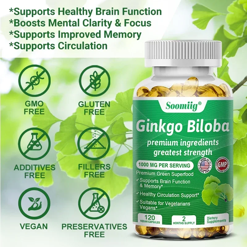 Soomiig-Ginkgo Extract Vitamin, 1000 mg, Ajuda a Melhorar a Memória, Aprendizagem, Melhorar o Pensamento, Concentração, Apoiar um Cérebro Saudável