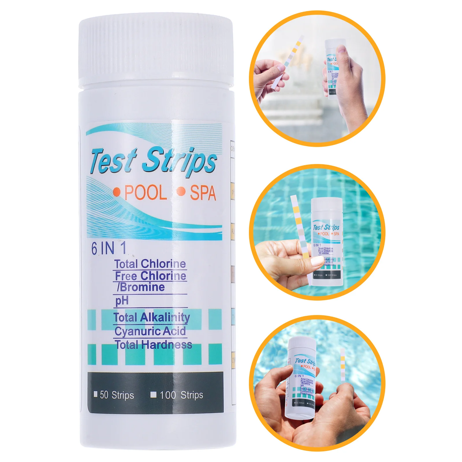 

50Pcs Pool PH Test Strips 6 in 1 Total Free Chlorine Total Alkalinity Cyanuric Acid Hardness Water Quality Testing Paper for Spa