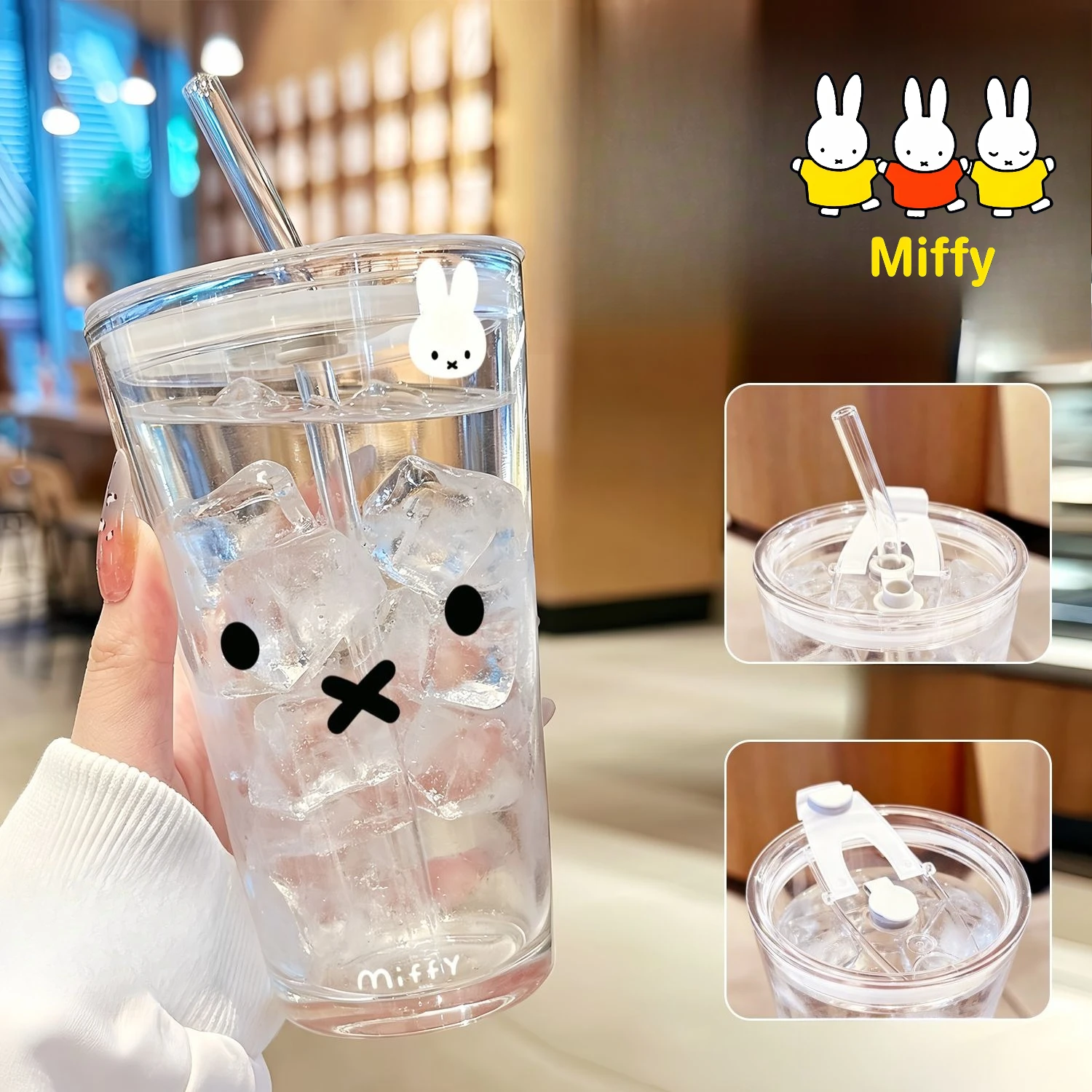 Kawaii Miffy Wasserflasche Niedliche Cartoon-Miffy Großvolumiger Glasbecher für Büroangestellte Einfaches Design mit Strohhalm