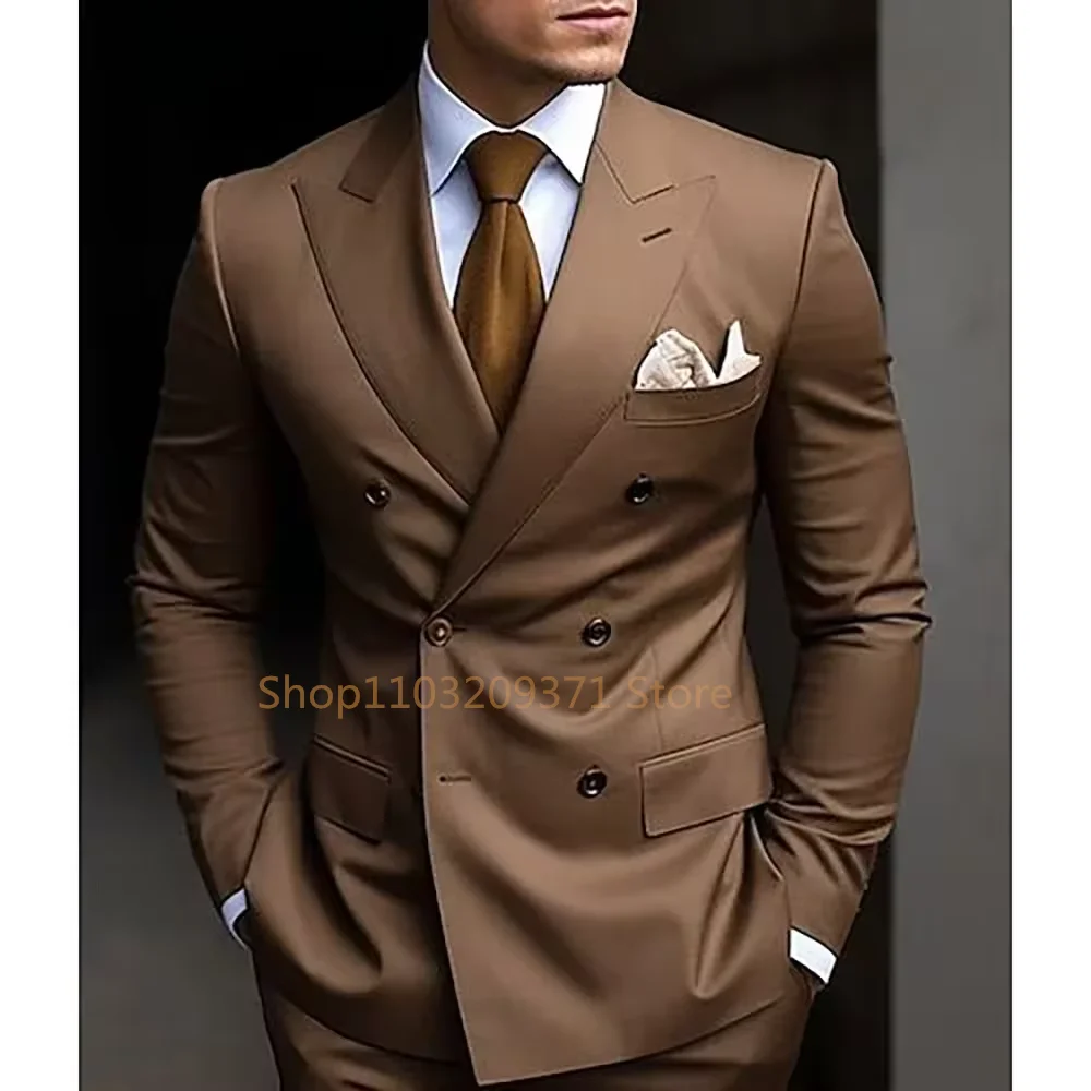 High Quality Brown Men Suits 2024 Double Breasted Bespoke Wedding Suit Peaked Lapel Formal Blazer Slim Fit 2 Piece Jacket Pants