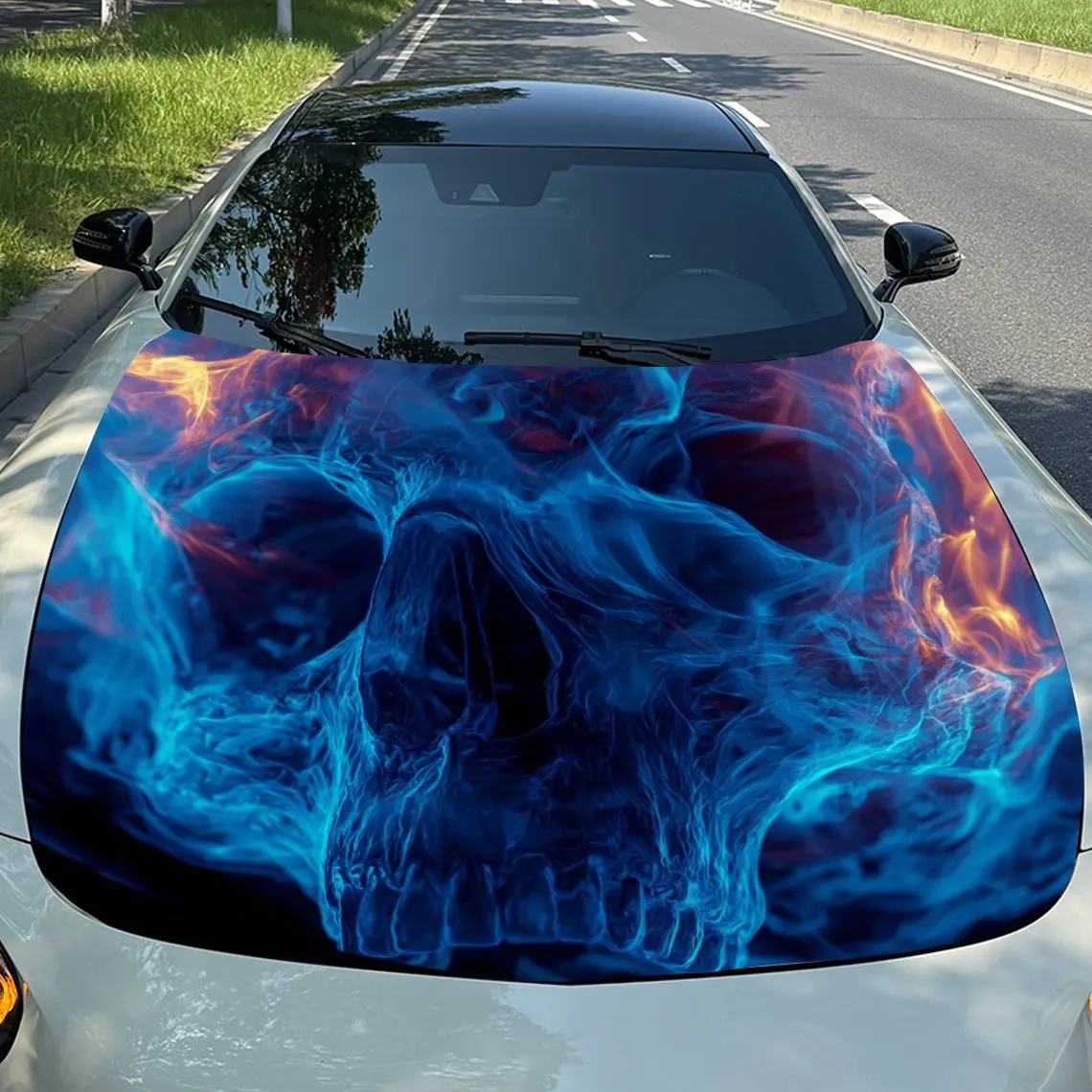 

Наклейка на капот автомобиля с синим пламенем и черепом, ПВХ, прочная виниловая пленка, подходящая для большинства автомобилей, защитная пленка на капот автомобиля в подарок