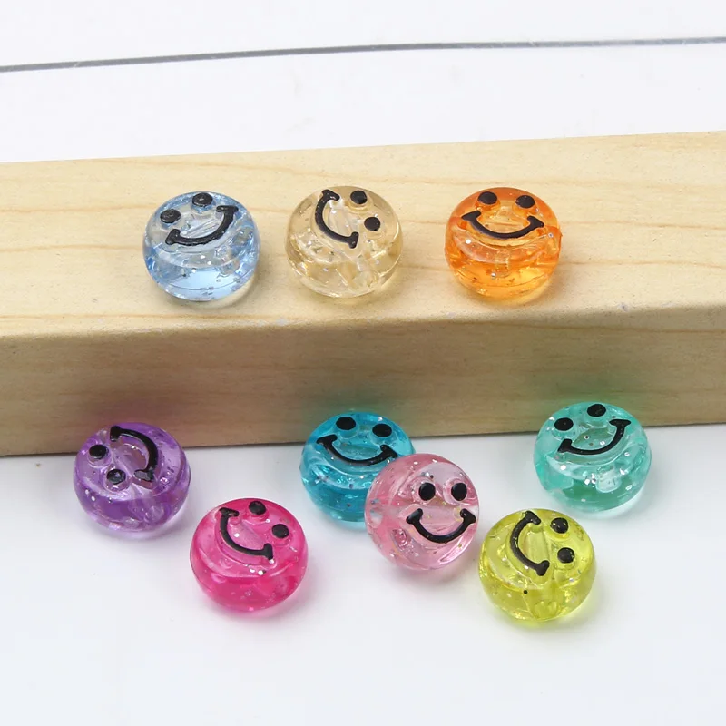 Mixed Color Flat Circular Transparent Smiley Face Pattern 10MM Beads For Jewelry Making Bracelet Necklace DIY Craft Gift