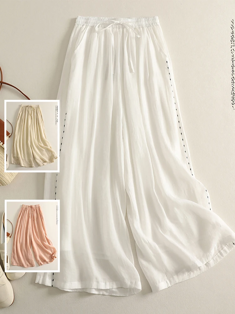 

Ele Embroidered Wide Leg Pants Lightweight Thin Cotton Casual Loose Fit High Waist Long Summer Trousers for plus Size Women