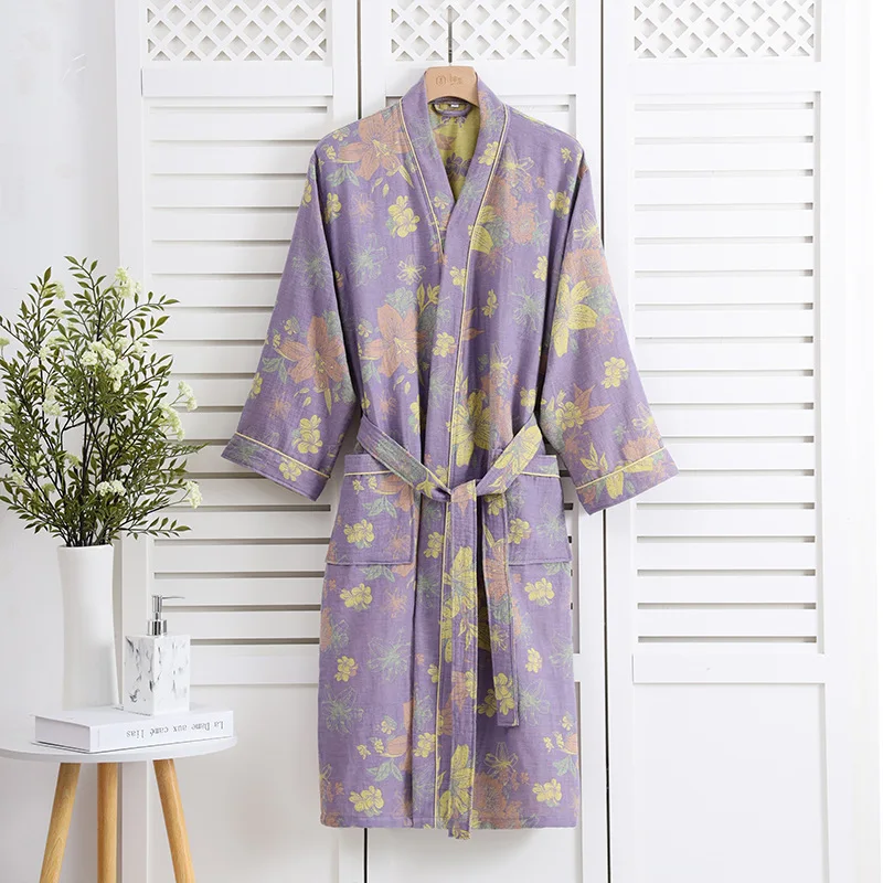 Cotton Bathrobe for Women's Sleepwear Thin Design Spring and Autumn Long Sleeve Yukata Absorbent Quick Drying Bath Robes