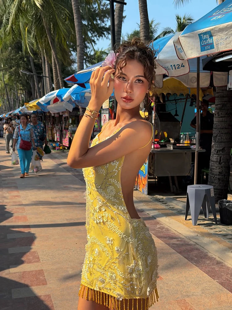 Sexy Beach Tassels Mini Dress Women Backless Sleeveless Sequin Shiny Fitted Ves… - Image 6