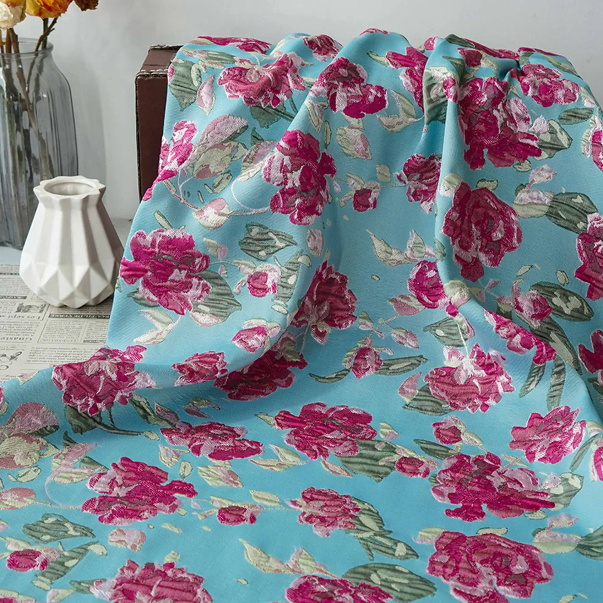 

Pink Floral 3D Embossed Jacquard Fabric Women's Gowns Elegant Dress Vest Yarn Dyed Decorative Sewing Fabric