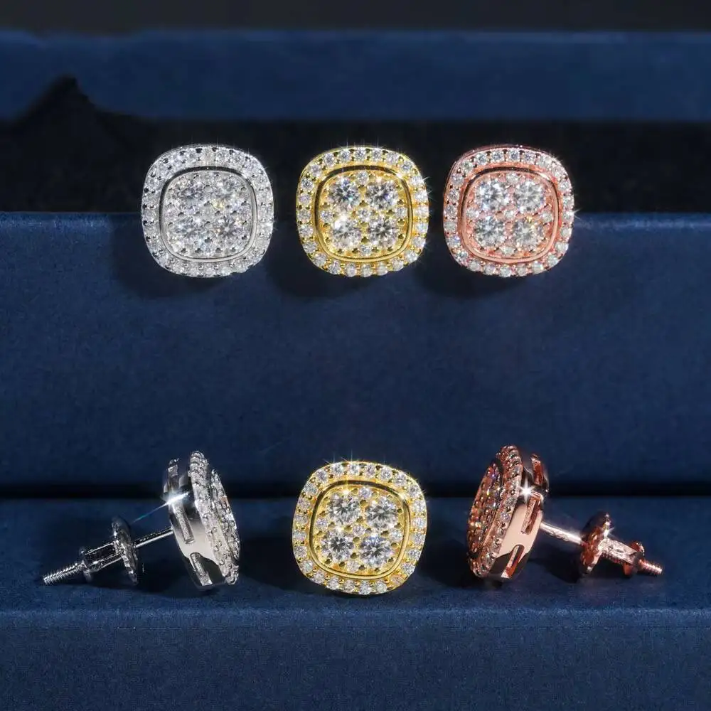 10mm Hip Hop Moissanite Earring 925 Silver Square VVS1 Moissanite Earrings Women Men Round Cut Moissanite Earring
