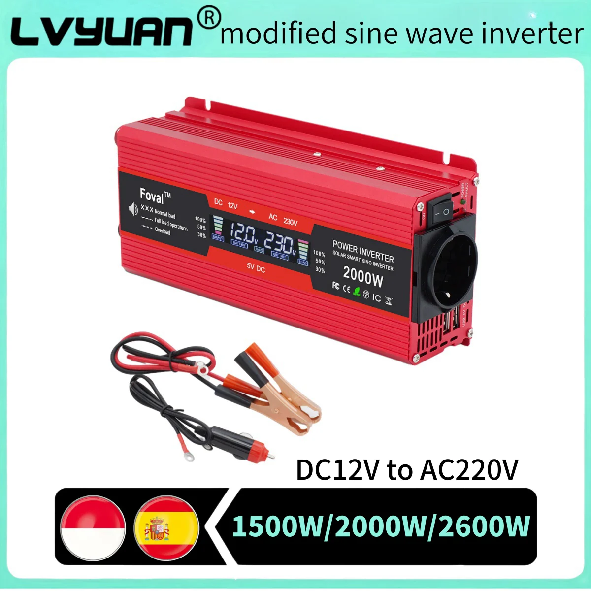 LVYUAN Power Inverter 1500W/2000W/2600W Peak Power LED Display Car Inversor DC12V AC220V High Efficiency