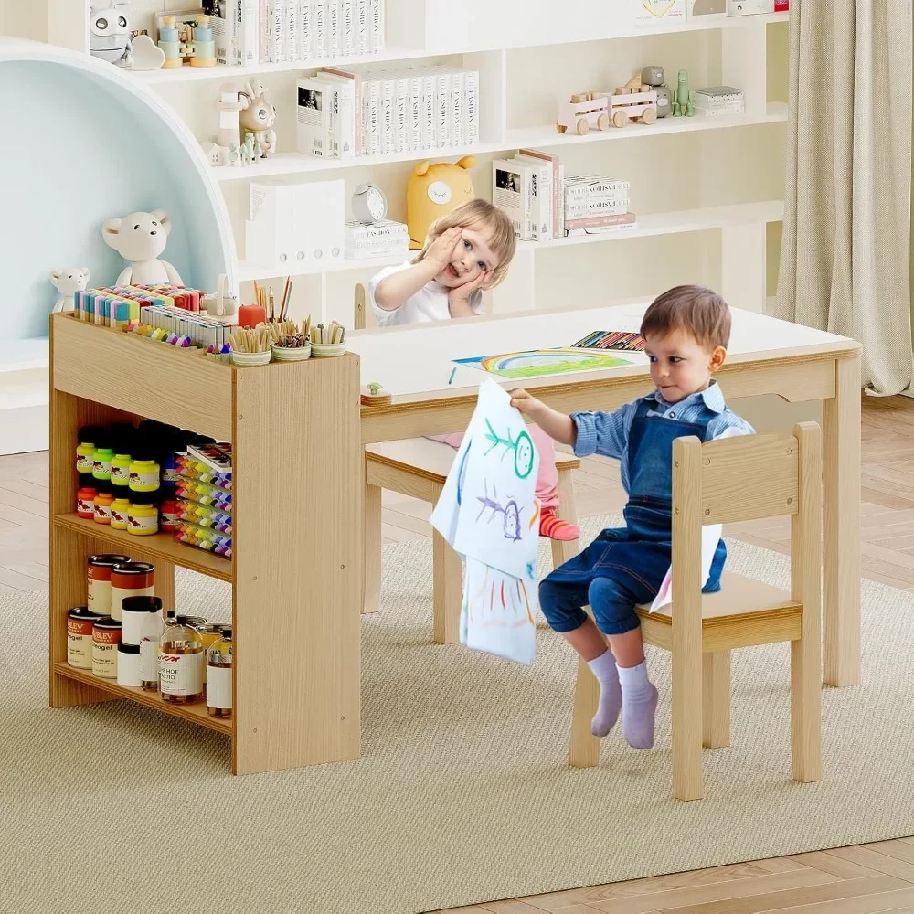

Kids Art Table, Wooden Kids Craft Table for Playroom, Kids Activity Table with 2 Chairs, 4 Storage Baskets, 2 Rows