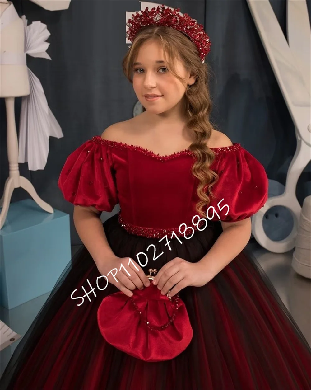 Gorgeous Red With Black Tull Formal Occasion Flower Girl Dress Wedding,Birthday,First Communion,Pageant,Party