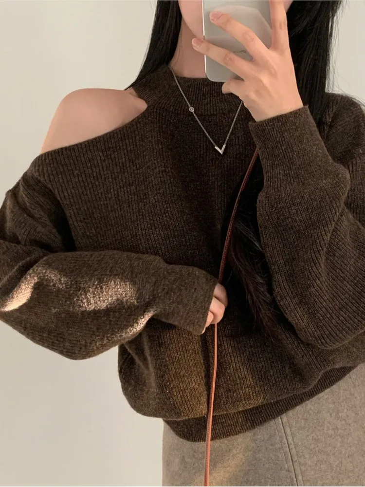 

Off Shoulder High Neck Long Sleeved Sweater With Fashionable Loose Drape Autumn Winter Pullover Woolen New Top For Women