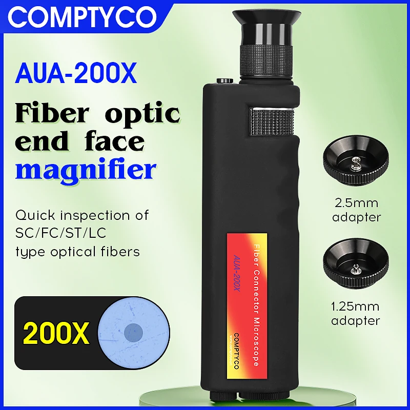 

Портативный оптический микроскоп COMPTYCO AUA-200X/400X/200XD для инспекции торцевых поверхностей оптических волокон с адаптерами 2.5 мм (SC/FC/ST) и 1.25 мм (LC)