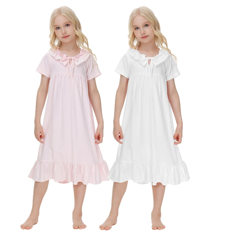 girls nightgown Princess wind cotton mid-length  section dress Sweet and lovely children Princess dress short-sleeved lace