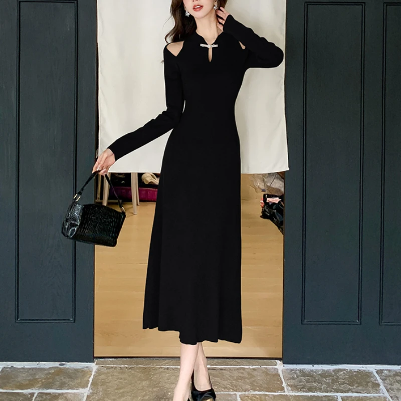 Autumn Knit Sexy Vintage Elegant Midi Dress Woman Hollowout Slim Design Retro Harajuku Dress Female Solid Chic Casual Clothing