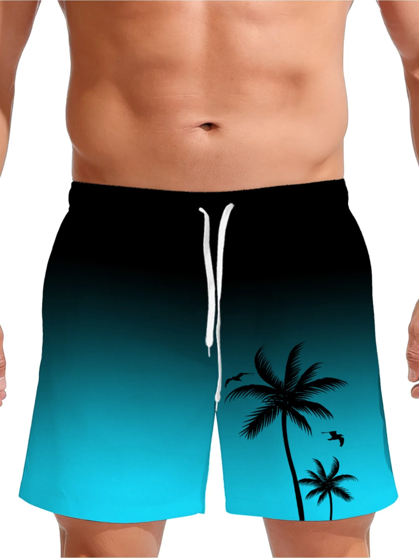 

Men's Black to Teal Gradient Palm Tree Silhouette Print Quick Dry Swim Shorts, Drawstring Beach Trunks with Pockets