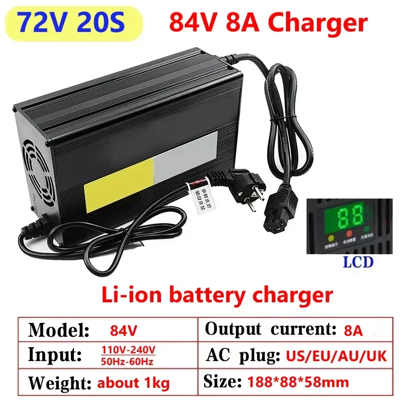 8A 54.6V 67.2V 84V Smart Lithium Battery Fast Charger for 13S 16S 20S Lipo Li-ion Electric Power Tool With LED Display