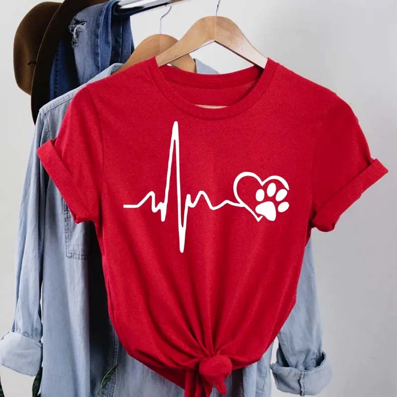 Women T Shirt Fashion Dog Heartbeat Print T-shirt Funny 90s Print T Tee Womens Tshirt for Female Red Shirt Clothes Tops