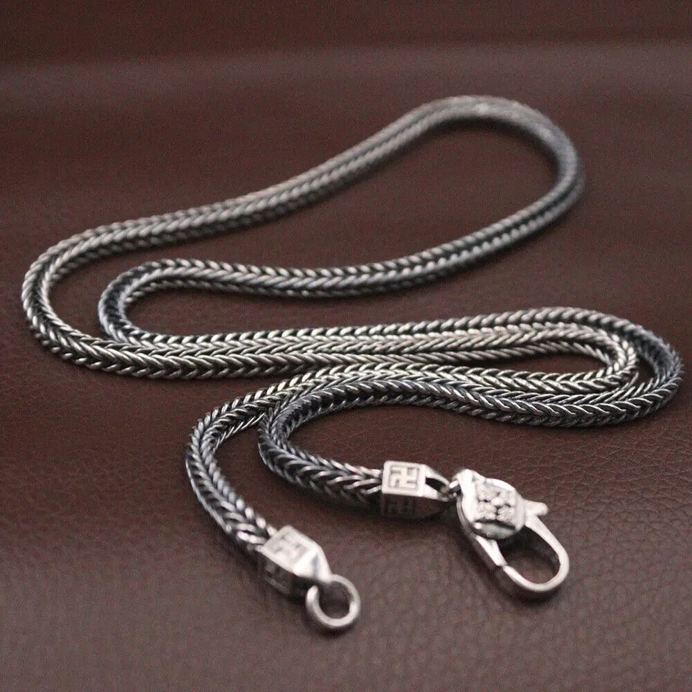 Real 925 Sterling Silver 4mm Square Wheat Link Chain Men's Necklace 25.6inch L