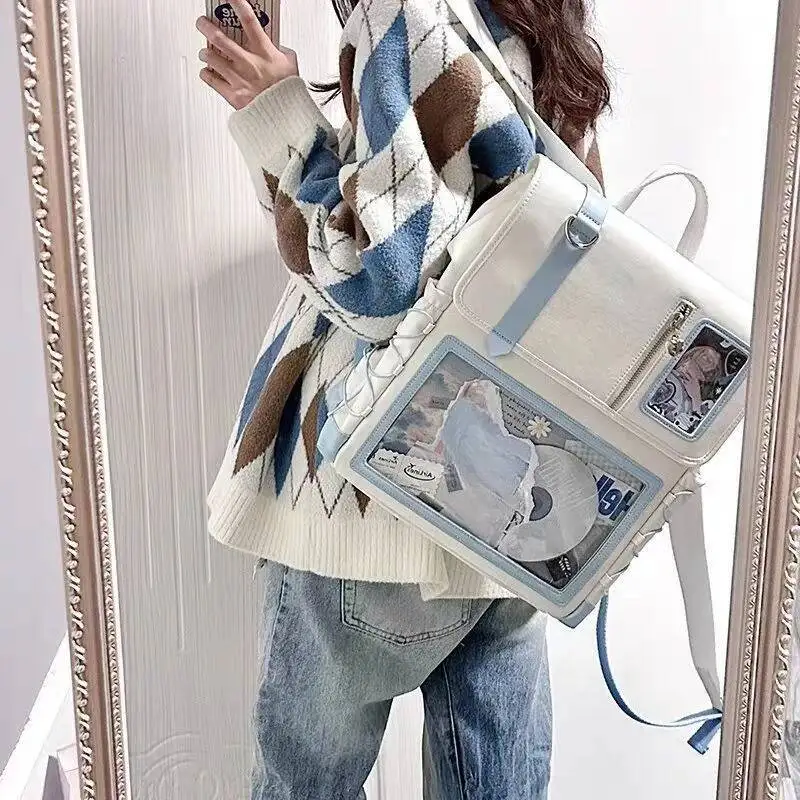 Japanese Contrast Color Kawaii Patchwork Backpacks New Y2k Aesthetic Sweet Students Schoolbags Preppy Women Transparent Ita Bags