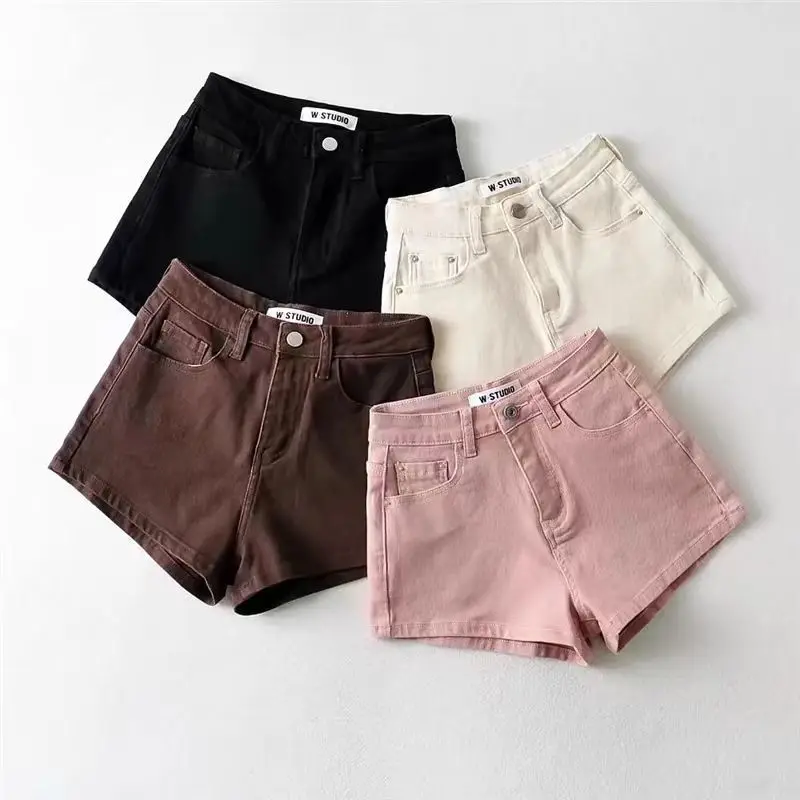 Summer Women Solid Color High Waist Denim Shorts Classic Slim Fit Jean Hot Pants Multi-Color Casual Daily Street Short Jeans