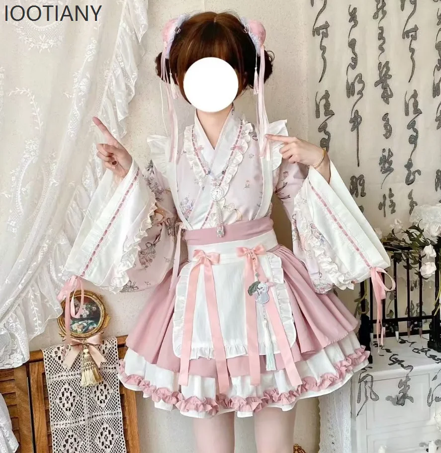 

Women's Chinese Style Hanfu Lolita Print Y2k Ruffle Sleeve Shirt Mini High Waist Ruffle Skirt Stage Dance Performance Costume
