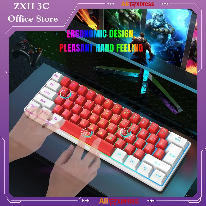 V700 Wired 61 Key Thin Film Keyboard White Red Design Mini Game Minimalist Mechanical Feel Office Laptop Desktop Peripheral