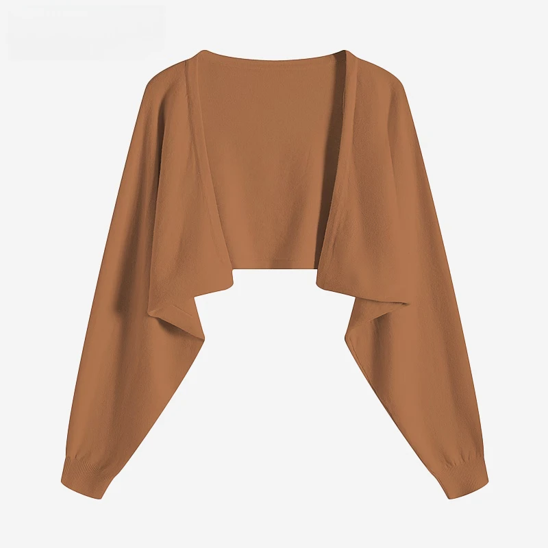 

New Spring Autumn Short Loose Women's Open Cardigan Shoulder Strap Style V Neck Pure Color Blend E12846