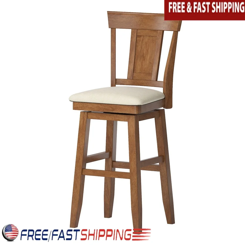 

Wood Swivel Bar Stool Padded Seat Integrated Footrest Kitchen Dining Chair Panel Back Rubberwood Fabric Antique Grey Finish