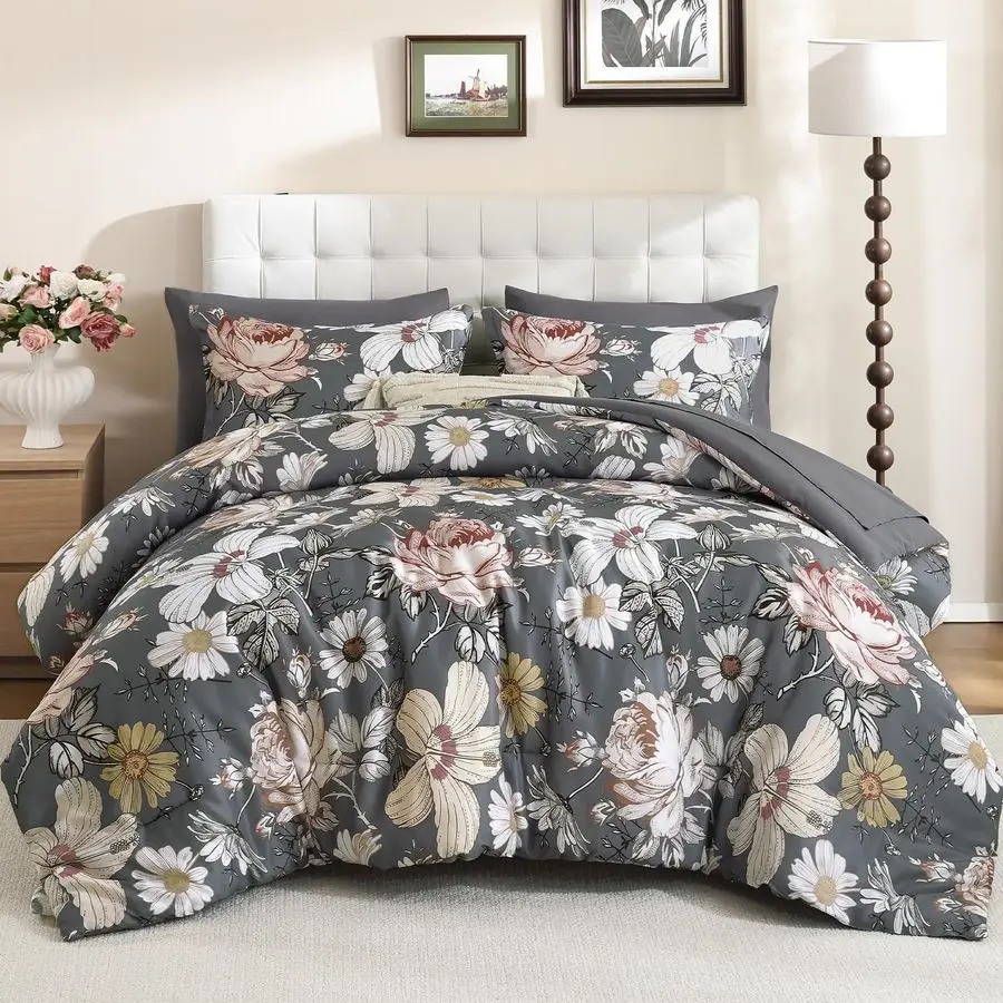 

Queen Comforter Set 7 Pieces Bedding Sets,Gray Floral Comforter and Sheet Set,Soft Microfiber Bed in a Bag for All Seasons Gray,