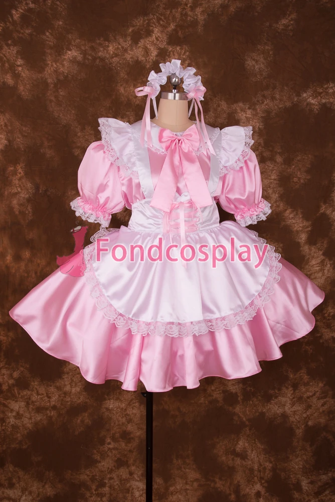 fondcosplay adult sexy cross dressing sissy maid short Lockable baby Pink Satin Lace Bowknot Dress white apron Uniform[S016]