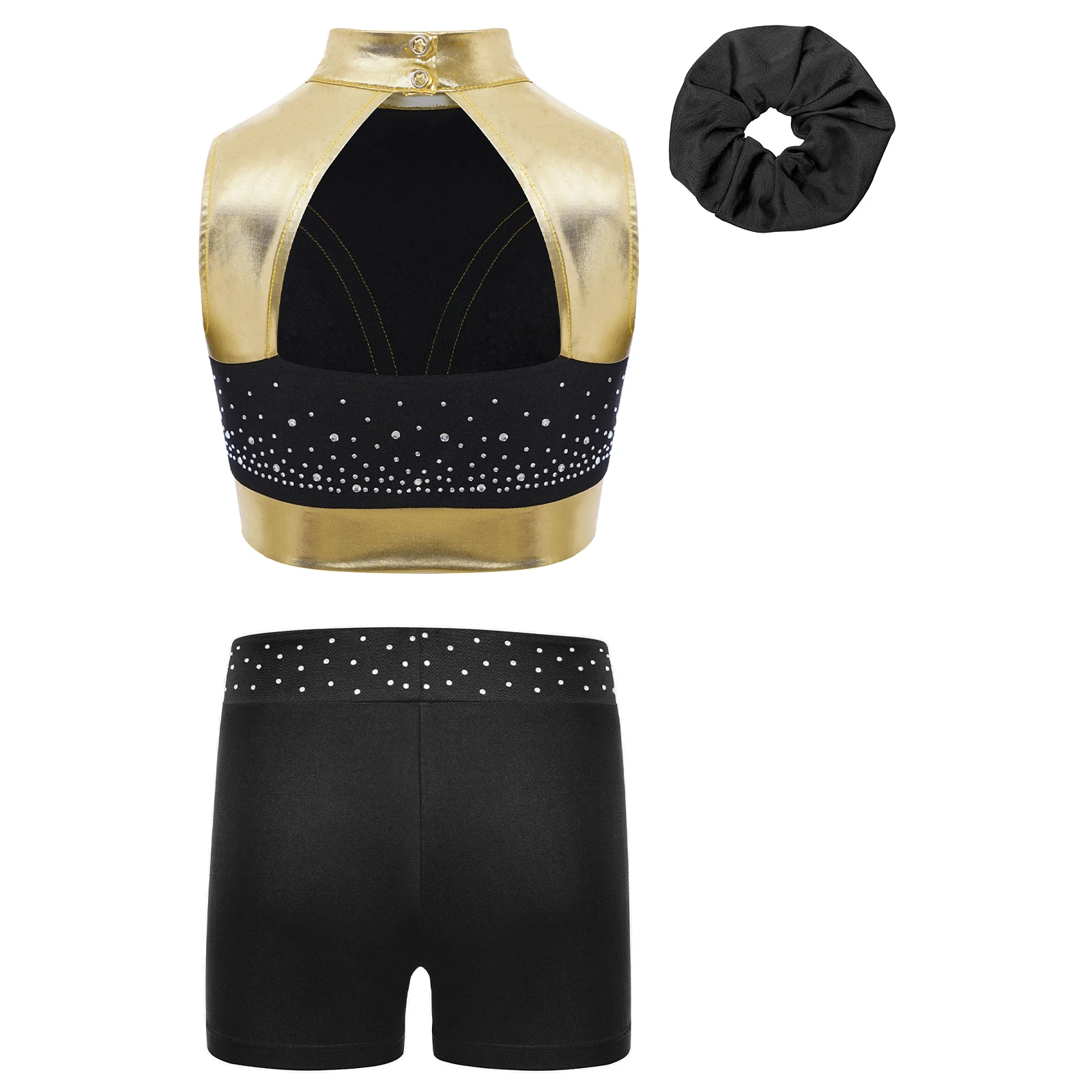 3Pcs Kids Girls Jazz Dance Costume Shiny Rhinestones Color Block Metallic Crop Top+Shorts+Headwear School Cheerleader Uniform