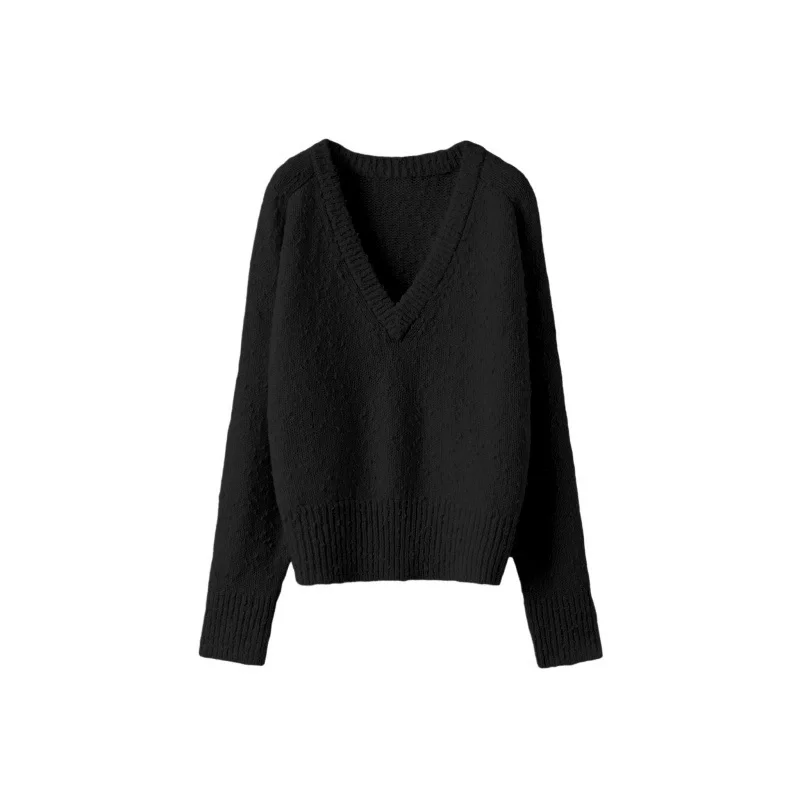 Women's Simple V-Neck Knit Sweater Autumn Winter Female Long Sleeve Loose Fit Jumper Knitwear Top