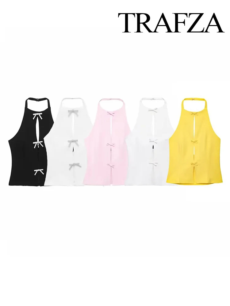 

TRAFZA 2025 Women's New Fashion Vest Tops Sleeveless Bow-trimmed Tops Elegant O Neck Halterneck Solid Color Summer Chic Vest