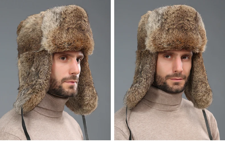 Männer Trapper Hut Winter Russische Uschanka Hut mit Kunstkaninchen Fell Earflap Hut Winddicht für Jagd Skifahren – Detail 8